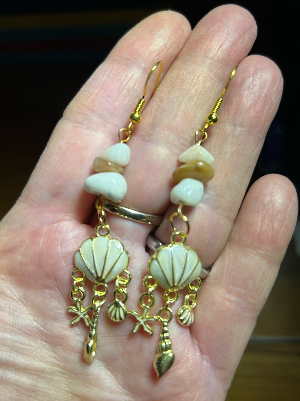 3/$25 Gold and Cream Seashell Dangle Earrings - Picture 2 of 6